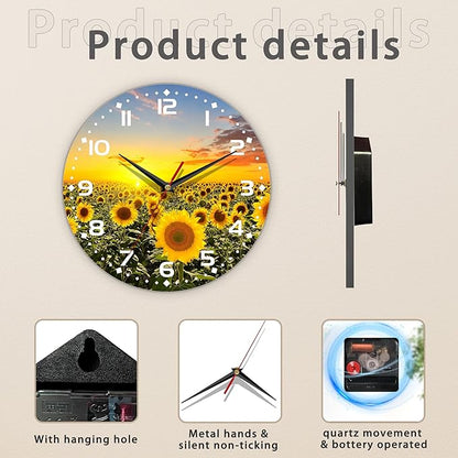 Clock for Living Room, Sunflowers Fields Under The Sunshine Wall Clock, Contemporary Home Decor Easy to Read Wall Clock for Living Room, Bedroom, Bathroom and Kitchen, 10 Inch