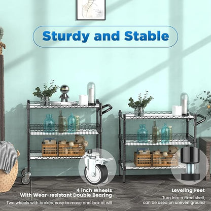 Leteuke 3 Tier Rolling Carts with Wheels, Heavy Duty Rolling Utility Cart,NSF Commercial Grade Metal Cart with Handle&Shelf Liner,Trolley Serving Cart for Kitchen,Restaurant,Plant Display,Black