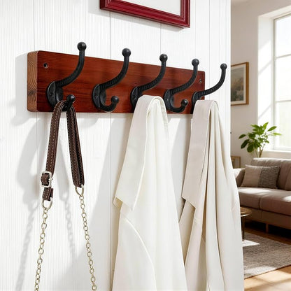WEBI Rustic Coat Rack Wall Mount,5 Cast Iron Coat Hooks Wall Mounted,Heavy Duty Wood Wall Coat Hanger Hooks for Hanging Coats,Jacket,Clothes,Backpack,Farmhouse,Cherry