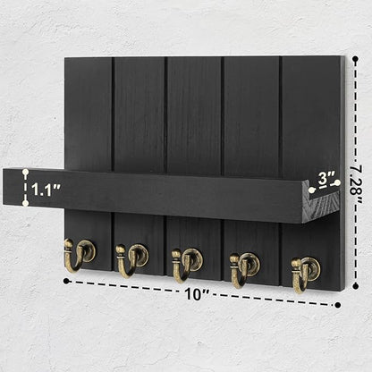 Rebee Vision Farmhouse Key Holder Wall Mount - Modern Key Holder for Living Room and Mail Organizer with Shelf & Hooks for Apartment Essentials - Home Decor Aesthetic (Black, 3.54"D x 10"W x 7.28"H)
