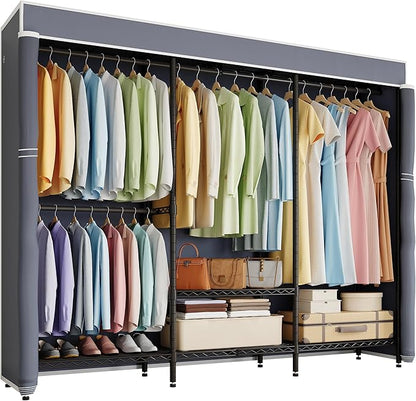 H8 Heavy Duty Clothes Rack with Cover, Covered Garment Rack with Shelves, Wardrobe Closet with Cover, Portable Closet Organizer Storage, Black Clothing Rack with Grey Cover