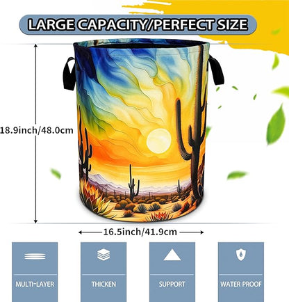 Desert Cactus Laundry Basket Sunset Foldable Oxford Cloth Funny Tote Bag Laundry Hamper Clothes Storage Bucket Toy Organizer For Bathroom/Laundry Storage/Bedroom 18.9x16.5 Inch