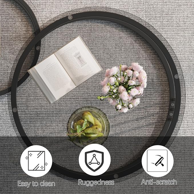 Garden 4 you Nesting Coffee Table, 23.6" Round Coffee Table Set of 2, Glass Nesting Table with Metal Frame, Ceter Tables for Living Room Bedroom Balcony, Grey