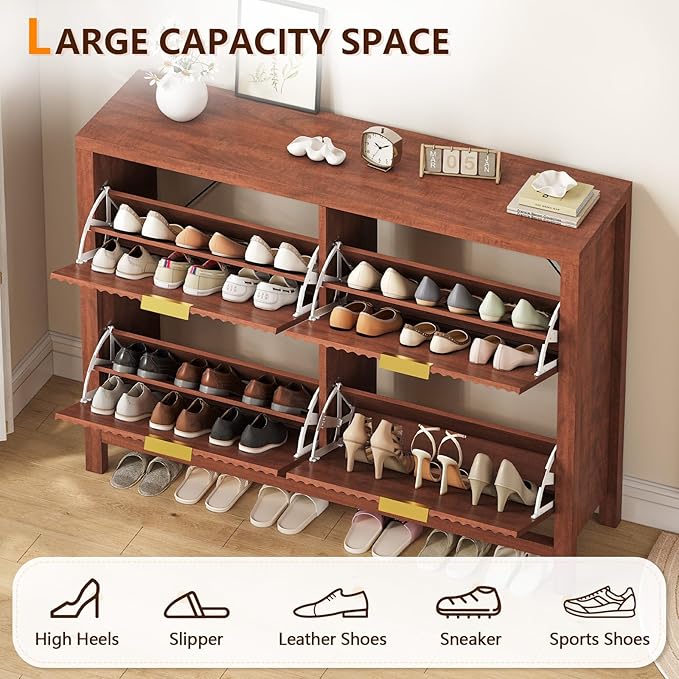 Shoe Cabinet Storage for Entryway, Fluted Walnut Shoe Cabinet with 4 Flip Drawers, Hidden Shoe Rack Freestanding Wooden Shoe Organizer with Legs for Hallway