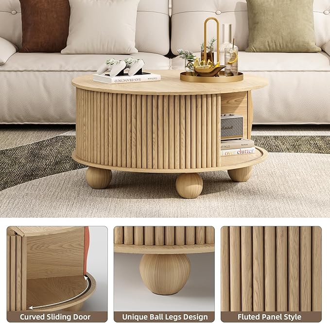 SULIVES Round Coffee Table with Storage, Unique Circle Coffee Table with Sliding Door,Fluted Accent Center Table with Bun Feet for Living Room, Oak