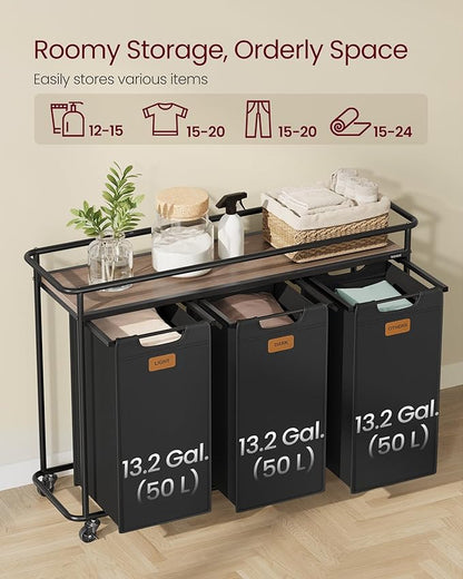 VASAGLE Laundry Sorter, Laundry Hamper with Wheels, 39.6 Gal. (150 L) Portable Rolling Cart Baskets with Shelf, 3 Removable Liners and 6 Labels, Ink Black and Chestnut Brown UBLH103BH01