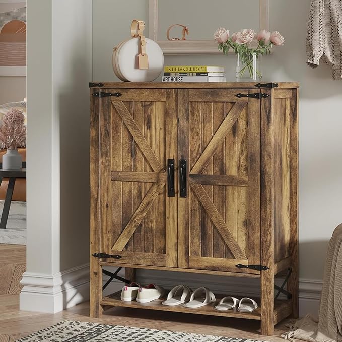 Maupvit 6-Tier Shoe Cabinet with Doors, Farmhouse Shoe Storage Cabinet with Adjustable Shelves, Shoe Shelf, Wooden Shoe Rack Organizer Cabinet for Entryway, Foyer, Hallway, Living Room, Brown