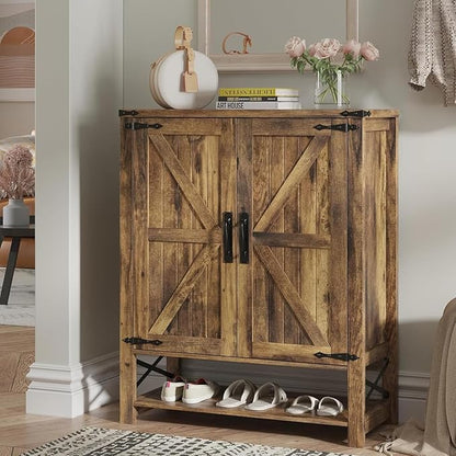 Maupvit 6-Tier Shoe Cabinet with Doors, Farmhouse Shoe Storage Cabinet with Adjustable Shelves, Shoe Shelf, Wooden Shoe Rack Organizer Cabinet for Entryway, Foyer, Hallway, Living Room, Brown