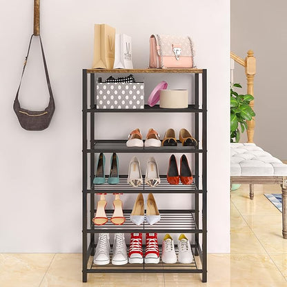 Yusong Shoe Rack Organizer, 6 Tier Industrial Shoe Storage Shelf, Narrow Sturdy Metal Shoe Shelves for Closet Entryway, Rustic Brown