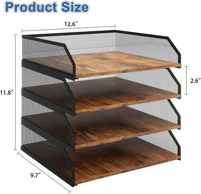 Natwind 4-Tier Stackable Paper Tray, Metal Mesh Desktop Organizer, Paper Sorter, Letter Trays,File Document Storage Rack for for Home, Office, School (Retro)