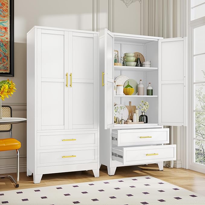 Steel Pantry Cabinet, 71" Metal Storage Cabinets with 2 Doors, 2 Adjustable Shelf and 2 Drawers, Freestanding Storage Cabinet for Bedroom, Kitchen, Home Office (White)