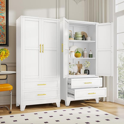 Steel Pantry Cabinet, 71" Metal Storage Cabinets with 2 Doors, 2 Adjustable Shelf and 2 Drawers, Freestanding Storage Cabinet for Bedroom, Kitchen, Home Office (White)