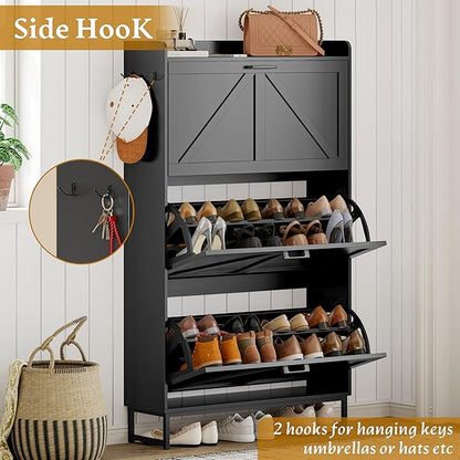 Shoe Cabinet Storage for Entryway, Shoe Storage Cabinet with 3 Flip Drawers, Freestanding Narrow Shoe Rack Organizer with Metal Legs for Foyer, Hallway, Black