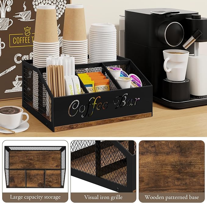Coffee Station Organizer, Rustic Brown Wooden Countertop Coffee Bar Accessories Organizer with Metal Mesh Compartments for Pods, Syrup, Cups, Stirrer, Tea