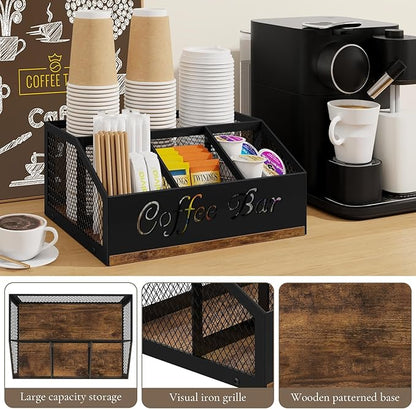Coffee Station Organizer, Rustic Brown Wooden Countertop Coffee Bar Accessories Organizer with Metal Mesh Compartments for Pods, Syrup, Cups, Stirrer, Tea