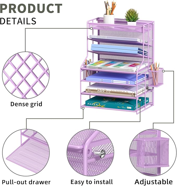 7 Tier Desk File Organizer,Metal Document Holder with Adjustable Shelves, Pull-Out Drawer & Removable Pen Holder for Office Organization,Purple