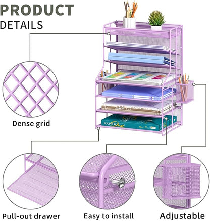 7 Tier Desk File Organizer,Metal Document Holder with Adjustable Shelves, Pull-Out Drawer & Removable Pen Holder for Office Organization,Purple