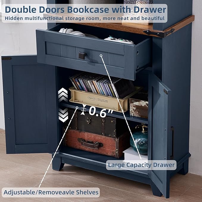72in Tall Bookshelf 7 Tier Bookcase with Drawer and Barn Doors and Adjustable Shelves, Blue Farmhouse Book Shelf with Storage Cabinet, Wood Freestanding Display Bookshelves for Kitchen (3PCS)