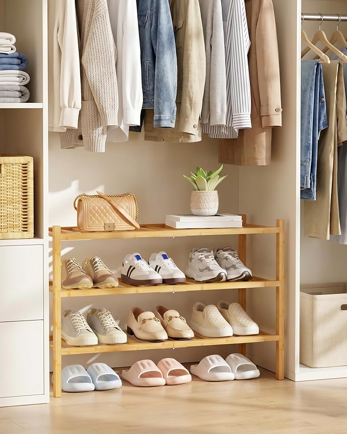 Kitsure Bamboo Wooden Shoe Rack for Closet - Stackable Shoe Organizer with Modular Structure, Space-Saving Shoe Shelf for Entryway, Living Room, Bedroom, 26.8" x 11" x 18.9", Natural