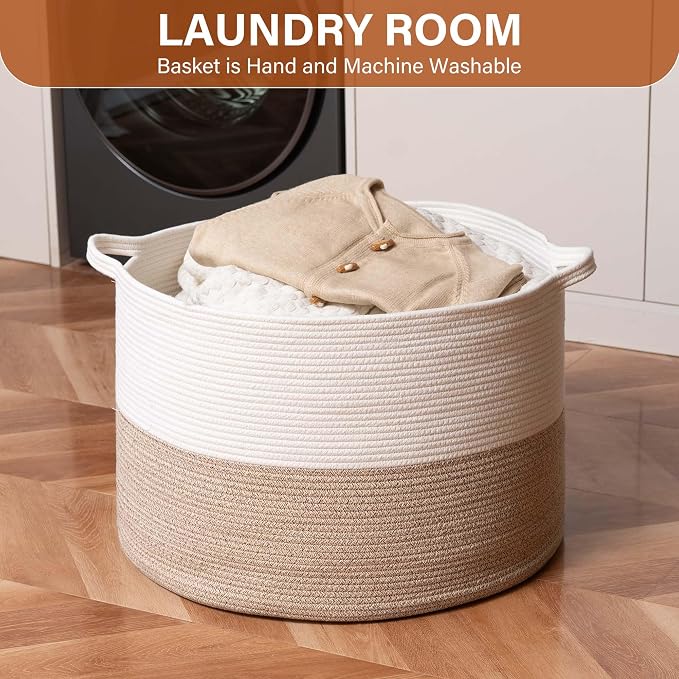 Foldable Laundry Hamper Basket with Collapsible Handle Cotton Rope Soft Woven Fabric Storage Organizer Clothes Toys Nursery Bedroom Dorm Space Saving Bin (White & Brown, 115L(23.6"D x 15.7"H))