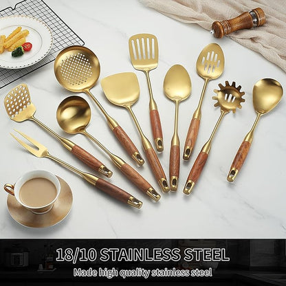Stainless Steel Kitchen Utensils Set with Wood Handle 18/10 Metal Cooking Utensils Set, 10 Piece - Spatula, Spoon, Ladle, Skimmer, Slotted Turners, Pasta,Turner, Ladl, Fork