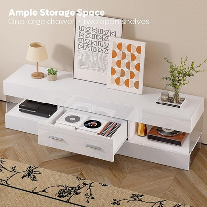 Bestier TV Stand for 55/60/65 Inch TV, High Gloss Modern TV Stand with Stone-Patterned Side Panels, LED Entertainment Center with Large Drawer, TV Consoles for Living Room, Bedroom, Glossy White