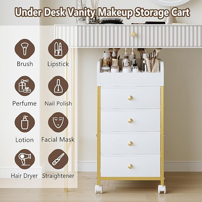 Rolling Makeup Organizer Cart - Under Desk Vanity Cart with 4 Fabric Drawers, Makeup Bathroom Storage Cart Cosmetic Display Cases for Nail Polish Brush Hair Tool