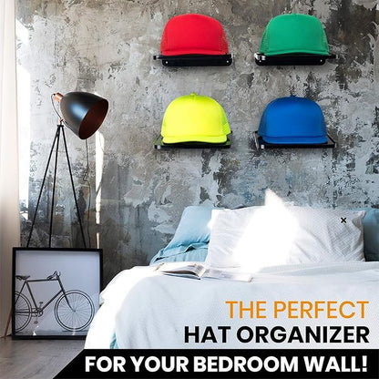 Boxy Concepts Hat Rack for Wall - Pack of 4, Black - Quick 3M Tape & Nail Mount - Showcase Collection, Baseball Cap Display Shelves - Flexible Layout Options, Racks For Caps