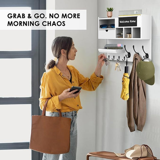 Key Holder Wall Mount with Mail Slot, Wall Key Holder with Chalkboard, Drawer & 7 Hooks, Key Hooks for Wall, Key Hanger Organizer for Entryway Keys Coats Bags, White Farmhouse