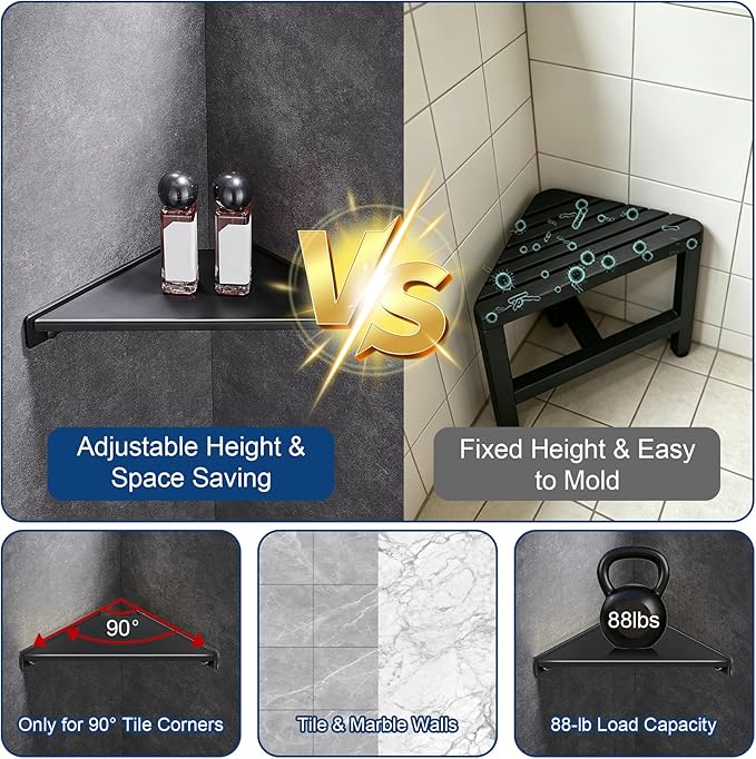 Corner Shower Foot Rest for Shaving Legs, Wall Mounted Shower Step & Shower Shelf 2 in 1, Stainless Steel Shower Foot Ledge, Heavy Duty Corner Shelf for Bathroom, Space Saving Design, Matte Black