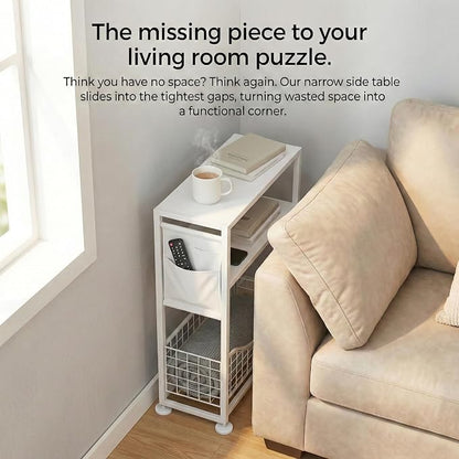 Skinny Side Table with Storage, 3 Tier Slim Side Tables for Small Spaces, Skinny End Table Narrow Bedside Table Narrow Side Table for Living Room, Bedroom
