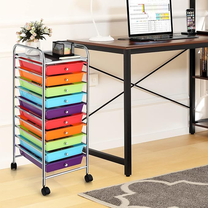 OFFICEJOY Storage Cart, Rolling Utility Cart with 10 Drawers, Portable Handles & Lockable Wheels, Mobile Paper Toys Storage Organizer Large Capacity for Home Office School Teacher (Multi-Color)