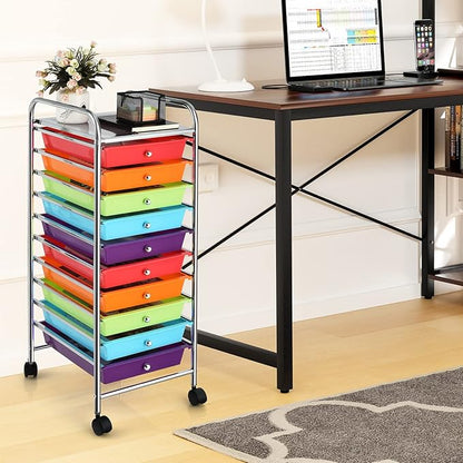 OFFICEJOY Storage Cart, Rolling Utility Cart with 10 Drawers, Portable Handles & Lockable Wheels, Mobile Paper Toys Storage Organizer Large Capacity for Home Office School Teacher (Multi-Color)
