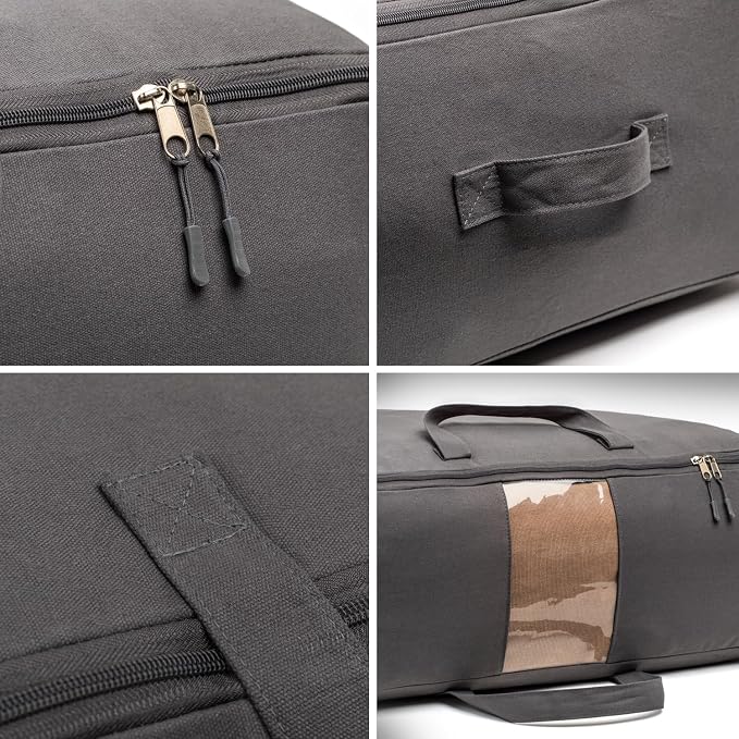Soft Canvas Storage Bags with Zipper. Thick Breathable, 2pc King/Queen Comforter Organizer. Four Carrying Handles and Window. Large 25x19x9in Bag for Sheets Blankets Bedding Pillows, Clothes (Grey)