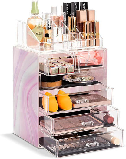 Sorbus Acrylic Makeup Organizer Set, 6-Drawer Vanity & Countertop Cosmetic Storage with Small & Wide Compartments, Tie Dye Makeup Storage for Brushes, Jewelry – Holiday Gift for Women & Teens
