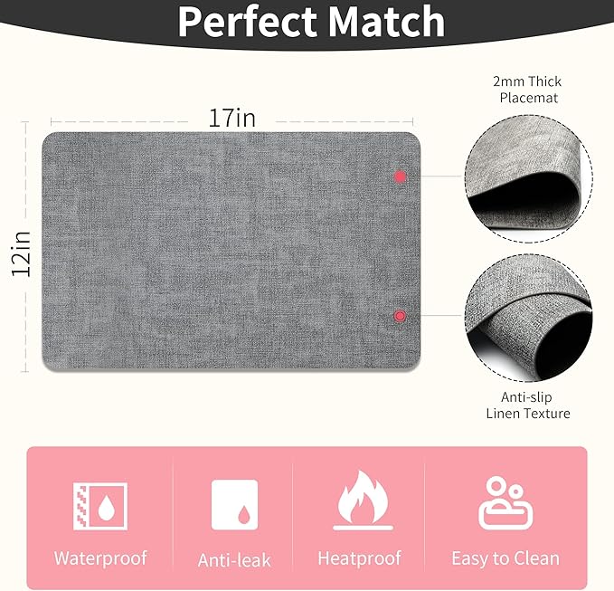 Maxpearl Faux Leather Placemats Set of 8 – Waterproof, Wipe Clean, Heat Resistant, Non-Slip Dining Table Mats for Indoor & Outdoor Use, 17”×12”, Grey