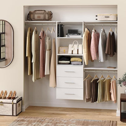 ClosetMaid SuiteSymphony Modern Hanging Closet Kit Includes (1) Tower, (3) Closet Rods, (4) Shelves, (3) Top Shelves w/Brackets, and (3) Drawer, White