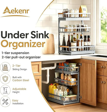 Under Sink Organizer and Storage for Bathroom and Kitchen - 2 Pack 3 Tier Under Cabinet Pull Out Shelf Organizers - Slide Out Drawer Organization for Home Cabinets Shelves and Drawers