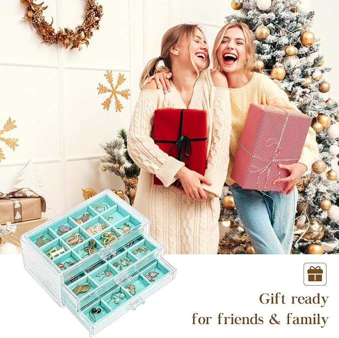 ProCase Earring Holder Organizer Jewelry Box with 3 Drawers, Acrylic Clear Earring Case with Adjustable Velvet Trays for Women - Aqua, 3 Layers
