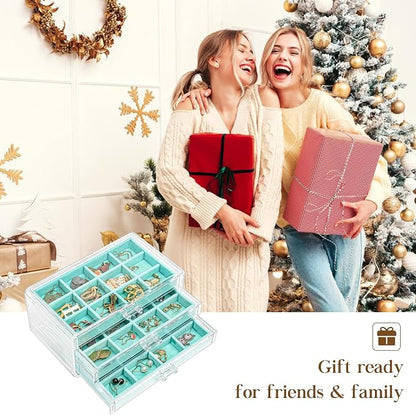 ProCase Earring Holder Organizer Jewelry Box with 3 Drawers, Acrylic Clear Earring Case with Adjustable Velvet Trays for Women - Aqua, 3 Layers
