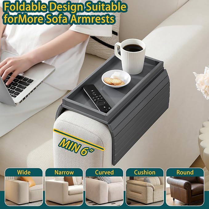 Bamboo Couch Arm Tray Table，Foldable Sofa Armrest Tray Table for Couch，Flexible and Anti-Slip Couch Arm Cup Holder，Portable Sofa Arm Chair Table for Drink,Cups, Eats，Snacks, Phone, Remote (Gray)