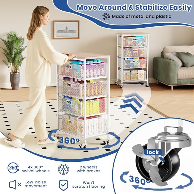 Goovilla Kitchen Cart with Drawers, 4 Tier Metal Rolling Utility Cart Organizer on Lockable Wheels with Wooden Top, White Fruit Vegetable Storage Rack Also for Cans, Snack, Craft, Art, Office, Beauty