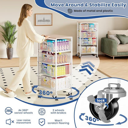 Goovilla Kitchen Cart with Drawers, 4 Tier Metal Rolling Utility Cart Organizer on Lockable Wheels with Wooden Top, White Fruit Vegetable Storage Rack Also for Cans, Snack, Craft, Art, Office, Beauty
