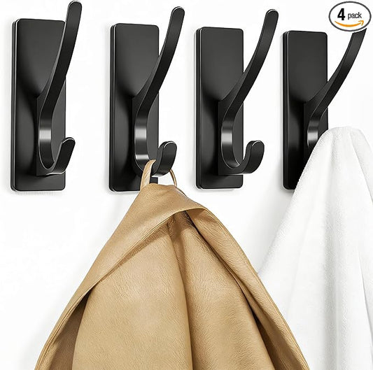 pickpiff Self Adhesive Coat Hooks for Hanging: Heavy Duty Stainless Wall Hook for Towel, Utensil, Backpack, Hat, Sturdy Metal Hanger for Bathroom, Kitchen, Door, 4-Pack, Matt Black