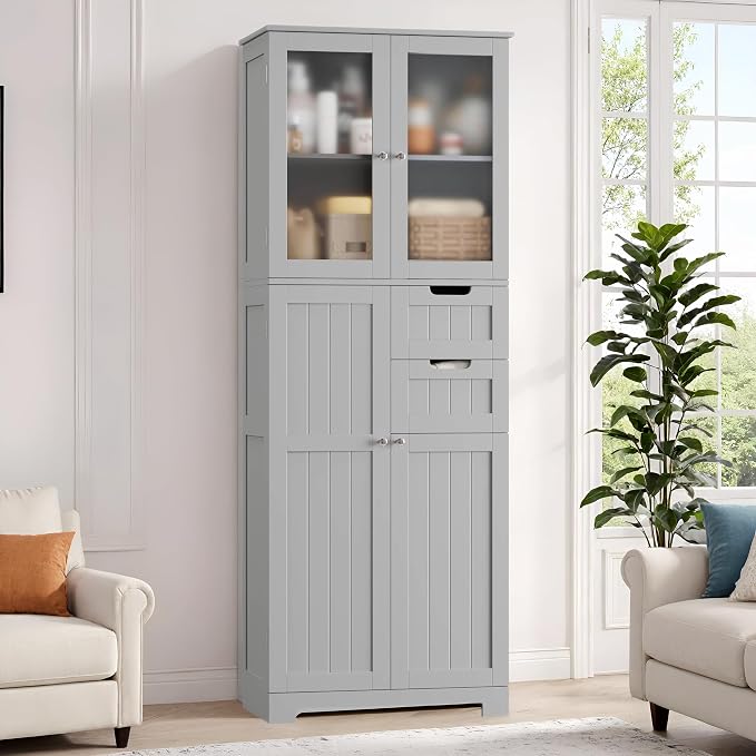 BOTLOG 67'' Tall Bathroom Storage Cabinet, Kitchen Pantry Cabinet with Glass Doors and Adjustable Shelves, Kitchen Cupboard with 2 Drawers for Bathroom, Dining Room, Grey