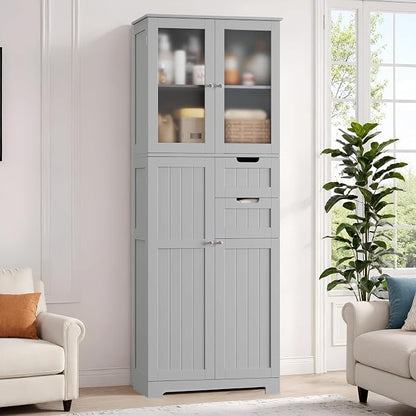 BOTLOG 67'' Tall Bathroom Storage Cabinet, Kitchen Pantry Cabinet with Glass Doors and Adjustable Shelves, Kitchen Cupboard with 2 Drawers for Bathroom, Dining Room, Grey