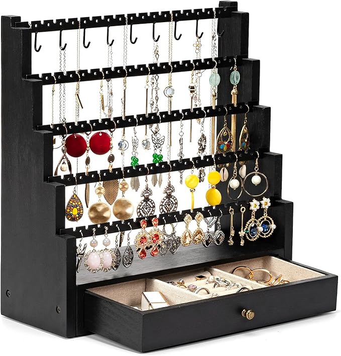 Pinzoveco Earring Organizer, 5 Layer Earring Holder Organizer with Metal Necklace Holder Pole, Rustic Wood Jewelry Organizer Stand Display for Stud Earring Bracelet Necklace Ring, 175 Earring Holes