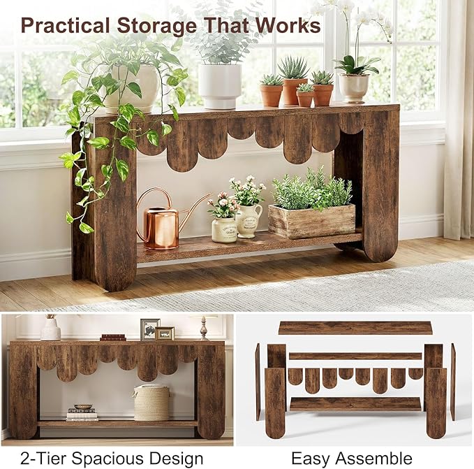 IBF Rustic Long Console Table, 63” Farmhouse Entryway Table with Storage, 2-Tier Wood Rectangular Sofa Table Behind Couch, Modern Entry Table for Hallway Entrance Foyer Home Living Room, Rustic Brown
