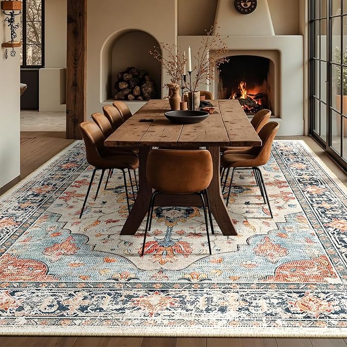 RELEANY Area Rugs Large 10'x14' Washable Non-Slip, Floral Vintage Distress Medallion Carpet for Living Room Bedroom Dining Room, Beige Navy Blue Orange Colorful