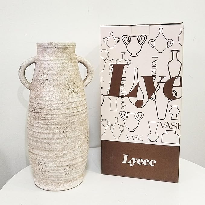 Ceramic Rustic Farmhouse Vase, Distressed Decorative 12 Inch Flower Vase for Home Decor, Ideal Shelf Decor, White Boho Vase for Living Room Bedroom Kitchen Office Decor Centerpiece Table Decorations